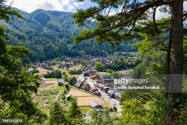 elevated view of shirakawago village surrounded by nature and mountain, gifu, japan - shirakawa go stockfoto's en -beelden