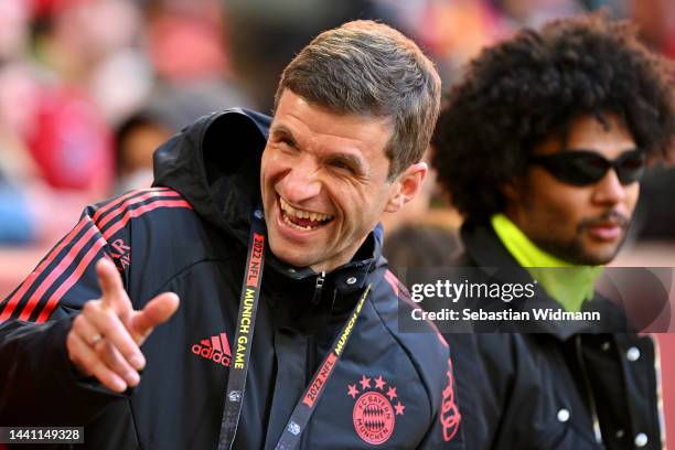 Thomas Muller of Bayern Munich reacts as they look on prior to kick off of the NFL match between Seattle Seahawks and Tampa Bay Buccaneers at Allianz...