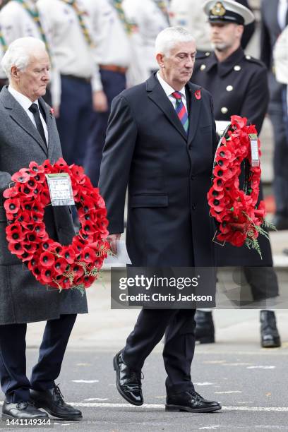 House of Lords Speaker, John McFall and Lindsay Hoyle attend the National Service Of Remembrance at The Cenotaph on November 13, 2022 in London,...