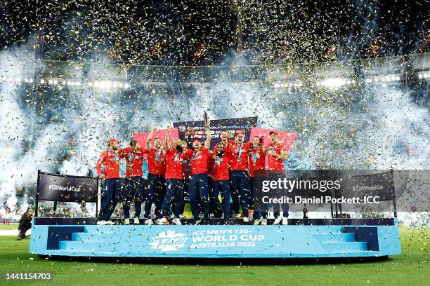 England celebrate with the ICC Men's T20 World Cup Trophy after winning the ICC Men's T20 World Cup Final match between Pakistan and England at the...