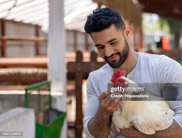 happy farmer carrying a chicken at an organic farm - male animal 個照片及圖片檔