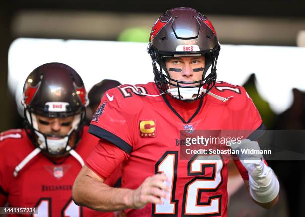 Tom Brady of the Tampa Bay Buccaneers takes to the field prior to kick off of the NFL match between Seattle Seahawks and Tampa Bay Buccaneers at...