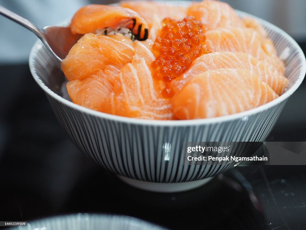 Salmon sashimi Salmon Roe, Ikura Don in bowl fish seafood