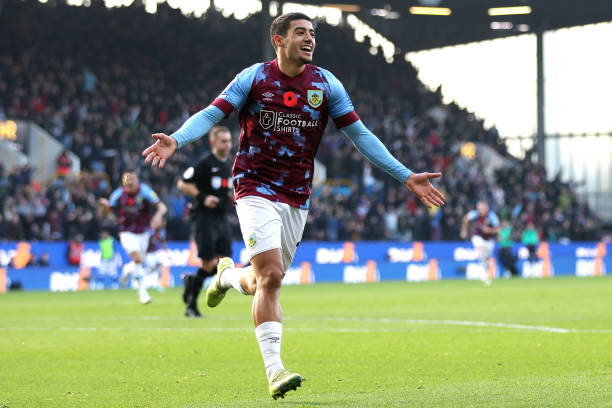 Anass Zaroury of Burnley celebrates after scoring their side's second goal during the Sky Bet Championship between Burnley and Blackburn Rovers at...