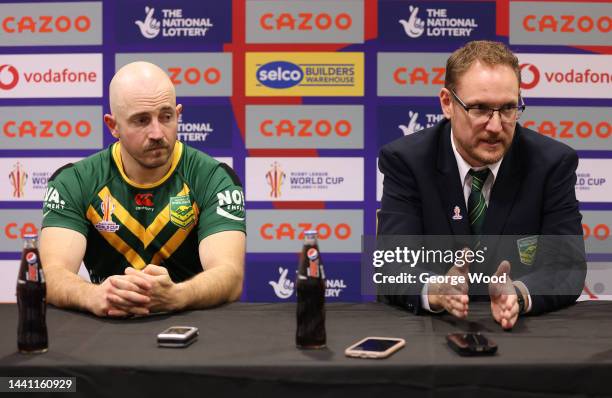 Brad Grove of Australia and Brett Clark, Head Coach of Australia look on following the Wheelchair Rugby League World Cup Semi-Final match between...