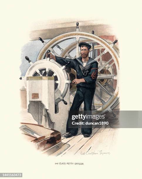 petty officer am steuer des schiffes, victorian british royal navy, militärgeschichte des 19. jahrhunderts - schiffs steuer stock-grafiken, -clipart, -cartoons und -symbole