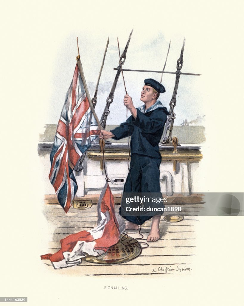 Sailor signalling, raising the Union Jack flag on British Royal Navy warship, Victorian 19th Century