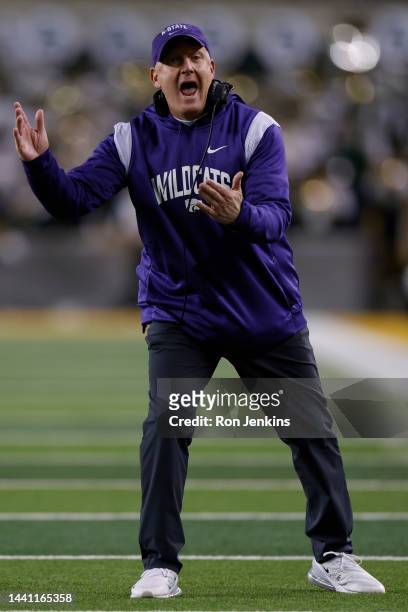 Head coach Chris Klieman of the Kansas State Wildcats pleads with game officials as Kansas State takes on the Baylor Bears in the first half at...