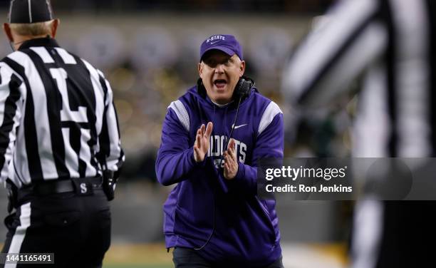 Head coach Chris Klieman of the Kansas State Wildcats pleads with game officials as Kansas State takes on the Baylor Bears in the first half at...