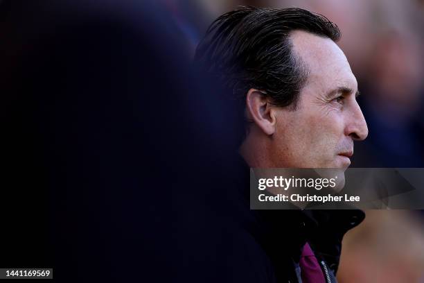 Unai Emery, Manager of Aston Villa looks on during the Premier League match between Brighton & Hove Albion and Aston Villa at American Express...