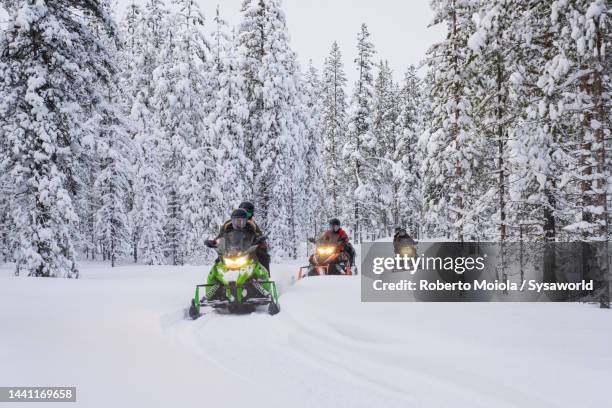 tourists riding snowmobiles in a snowy forest - snowmobile stock pictures, royalty-free photos & images