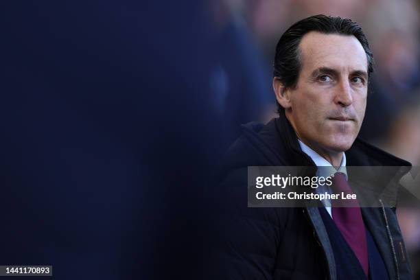 Unai Emery, Manager of Aston Villa looks on during the Premier League match between Brighton & Hove Albion and Aston Villa at American Express...