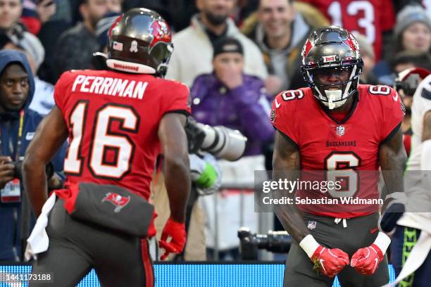 Julio Jones of the Tampa Bay Buccaneers celebrates after scoring a touchdown in the second quarter during the NFL match between Seattle Seahawks and...