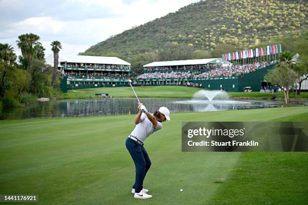 Tommy Fleetwood of England plays his second shot on the 18th hole during Day Four of the Nedbank Golf Challenge at Gary Player CC on November 13,...