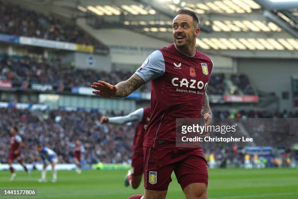 Danny Ings of Aston Villa celebrates after scoring their side's second goal during the Premier League match between Brighton & Hove Albion and Aston...