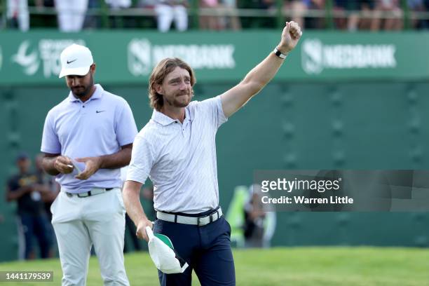 Tommy Fleetwood of England celebrates after winning the Nedbank Golf Challenge on the 18th hole during Day Four of the Nedbank Golf Challenge at Gary...