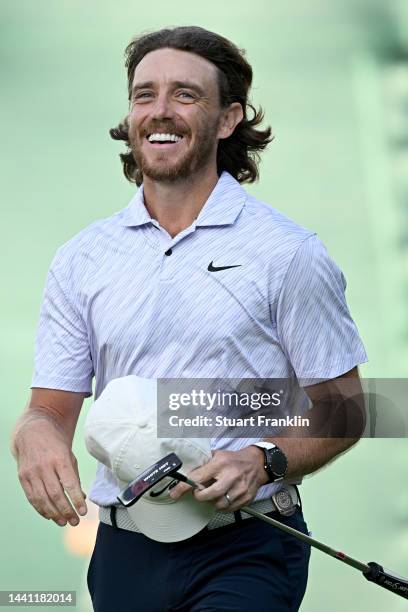 Tommy Fleetwood of England celebrates after winning the Nedbank Golf Challenge on the 18th hole during Day Four of the Nedbank Golf Challenge at Gary...