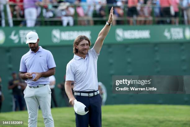 Tommy Fleetwood of England celebrates after winning the Nedbank Golf Challenge on the 18th hole during Day Four of the Nedbank Golf Challenge at Gary...