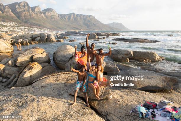 portrait of six friends celebrating on the beach, wide landscape - friends smile stock-fotos und bilder