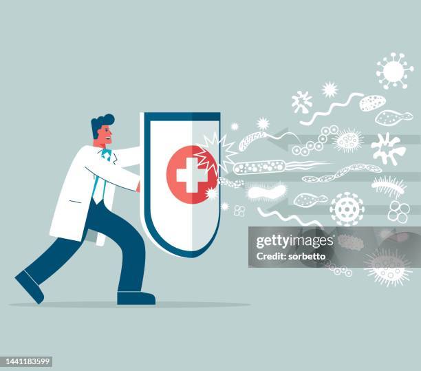 ilustrações de stock, clip art, desenhos animados e ícones de hygienic shield protecting from virus - antibiótico