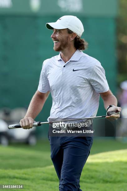 Tommy Fleetwood of England celebrates after winning the Nedbank Golf Challenge on the 18th hole during Day Four of the Nedbank Golf Challenge at Gary...