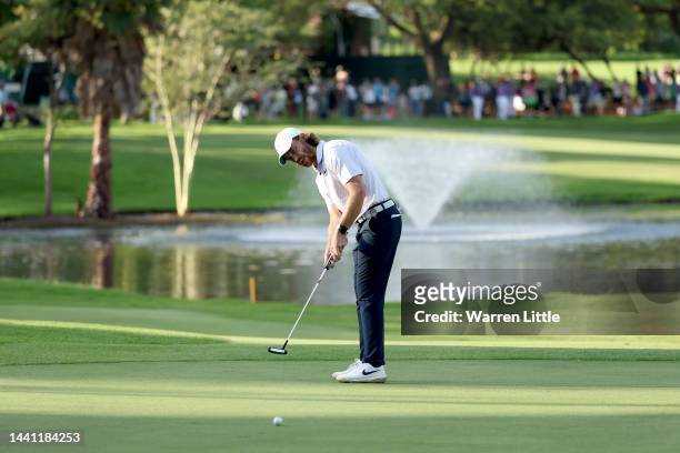 Tommy Fleetwood of England plays his third shot on the 18th hole during Day Four of the Nedbank Golf Challenge at Gary Player CC on November 13, 2022...