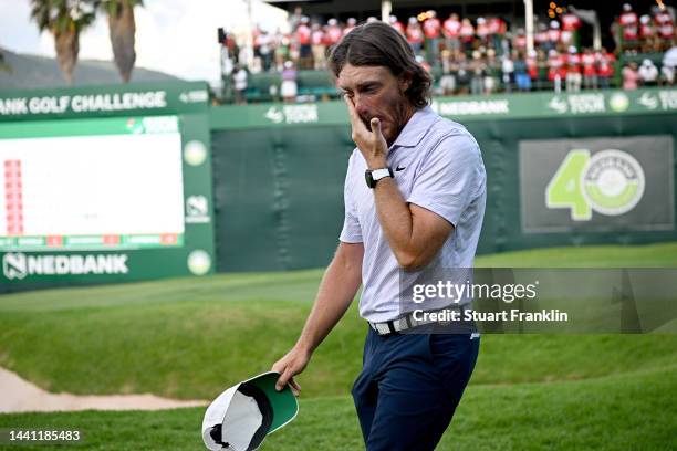 Tommy Fleetwood of England celebrates after winning the Nedbank Golf Challenge on the 18th hole during Day Four of the Nedbank Golf Challenge at Gary...