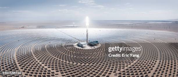 aerial panorama of molten salt solar power station - biggest stock pictures, royalty-free photos & images