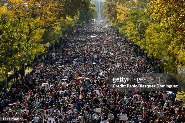 Protesters gather during a demonstration to defend Madrid's health system on November 13, 2022 in Madrid, Spain. Isabel Díaz Ayuso, President of the...