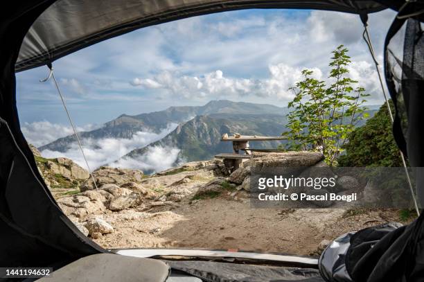 inside my tent at usciolu refuge (1735 m), gr20, corsica, france - bivouac stock pictures, royalty-free photos & images