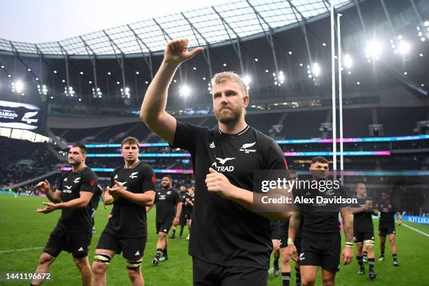 Josh Dickson of New Zealand waves to the fans during the Killik Cup match between Barbarians and New Zealand All Blacks XV at Tottenham Hotspur...