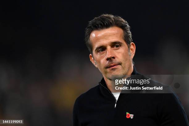 Marco Silva, Head Coach of Fulham, looks on prior to the Premier League match between Fulham FC and Manchester United at Craven Cottage on November...