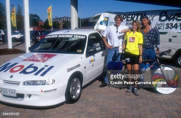 Cyclist Cindy Jessup with Matt Lattanzi, the husband of Olivia Newton-John and Olivia's nephew Emerson Newton-John in June, 1994 in Sydney,...