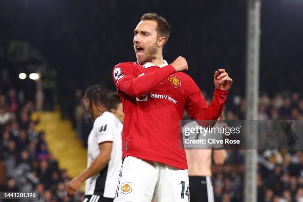 Christian Eriksen of Manchester United celebrates after scoring their team's first goal during the Premier League match between Fulham FC and...