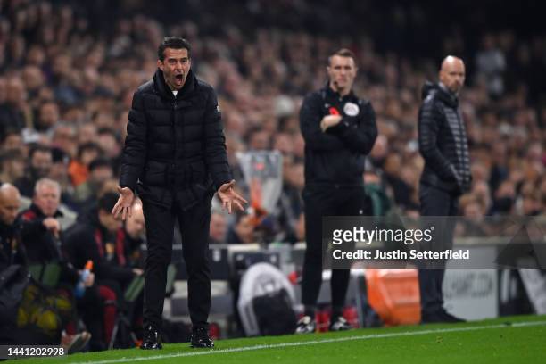Marco Silva, Head Coach of Fulham reacts during the Premier League match between Fulham FC and Manchester United at Craven Cottage on November 13,...