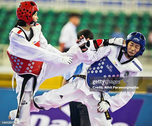 Mayu Hamada of Japan in action against Feng Xiao of Macao during day two of the 20th Asian Taekwondo Championships at Phu Tho Stadium on May 10, 2012...