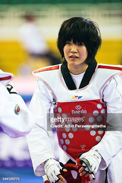 Mayu Hamada of Japan in action during day two of the 20th Asian Taekwondo Championships at Phu Tho Stadium on May 10, 2012 in Ho Chi Minh City,...
