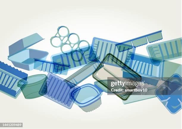 plastic food containers, trays or packaging - plastic pollution stock illustrations