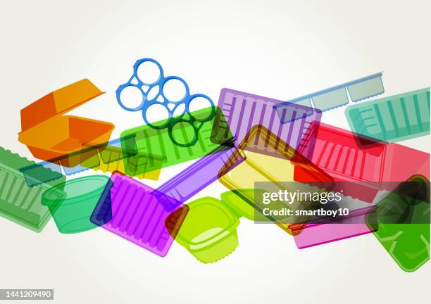 plastic food containers, trays or packaging - packing peanuts stock illustrations