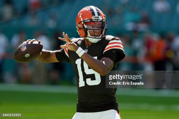 Joshua Dobbs of the Cleveland Browns warms up prior to the game against the Miami Dolphins at Hard Rock Stadium on November 13, 2022 in Miami...