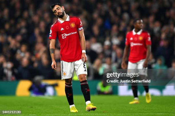 Bruno Fernandes of Manchester United reacts after Daniel James of Fulham scores their side's first goal during the Premier League match between...
