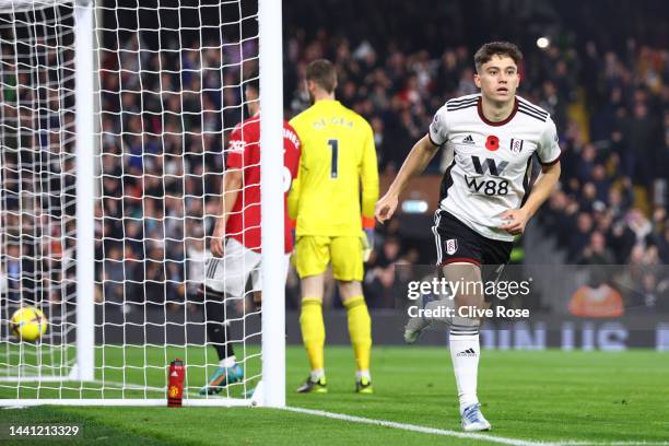 Daniel James of Fulham celebrates scoring their side's first goal during the Premier League match between Fulham FC and Manchester United at Craven...