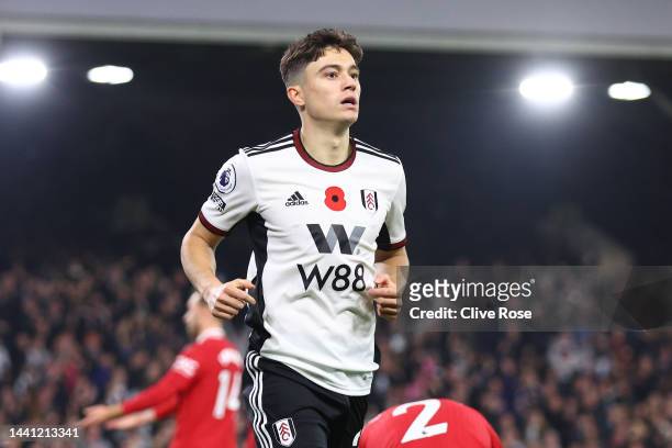 Daniel James of Fulham celebrates scoring their side's first goal during the Premier League match between Fulham FC and Manchester United at Craven...