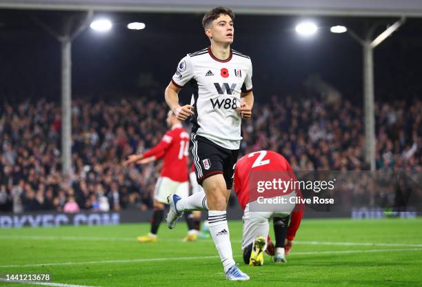 Daniel James of Fulham celebrates scoring their side's first goal during the Premier League match between Fulham FC and Manchester United at Craven...