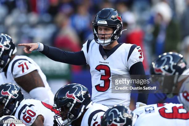 Kyle Allen of the Houston Texans warms up prior to the game against the New York Giants at MetLife Stadium on November 13, 2022 in East Rutherford,...