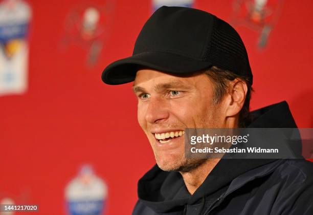 Tom Brady of the Tampa Bay Buccaneers speaks to the media after their side's victory in the NFL match between Seattle Seahawks and Tampa Bay...