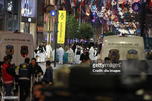 Emergency personnel secure the scene after an explosion occurred on Istiklal street, a busy pedestrian thoroughfare on November 13, 2022 in Istanbul,...