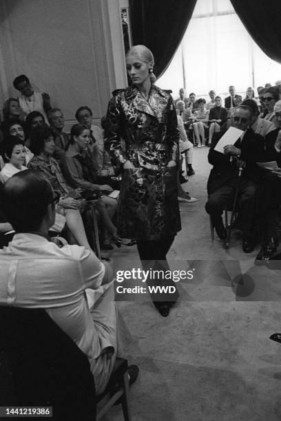 Outtake; Model in Yves St. Laurent's Couture fall 1969 show in Paris..Article title: "The Great Paris Looks"
