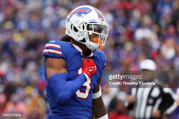 Damar Hamlin of the Buffalo Bills reacts after making a play during the first quarter against the Minnesota Vikings at Highmark Stadium on November...