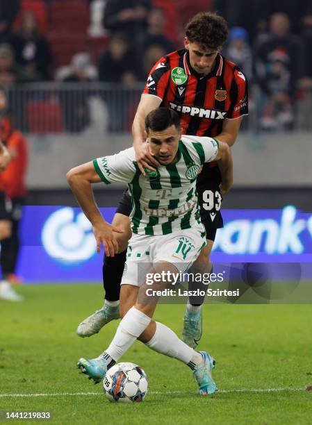 Noel Keresztes of Budapest Honved challenges Amer Gojak of Ferencvarosi TC during the Hungarian OTP Bank Liga match between Budapest Honved and...